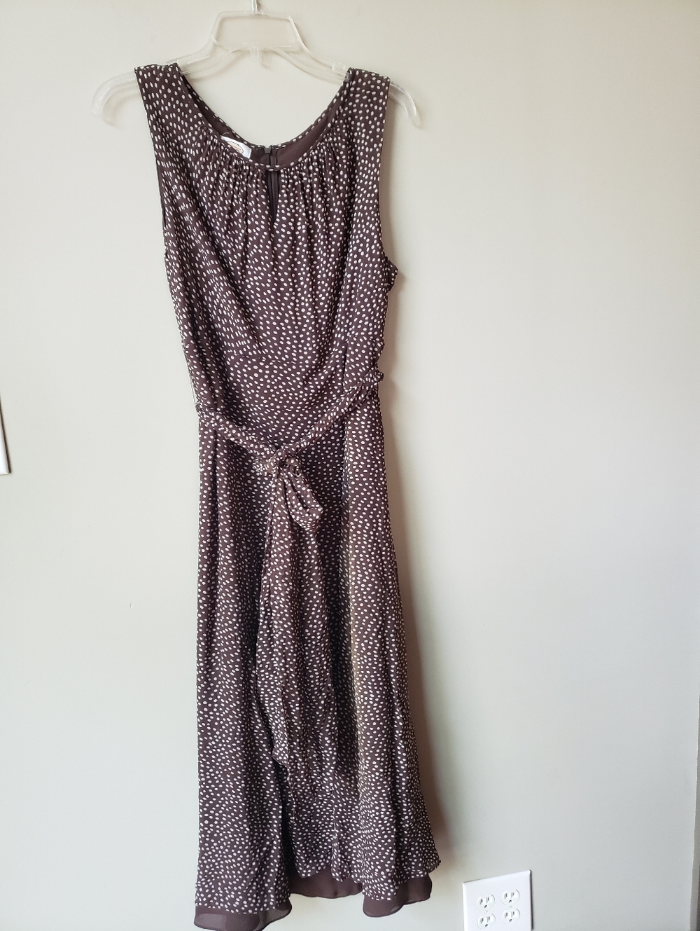VTG Talbots 100% Silk Brown Polka Dot Sleeveless Midi Dress Belted 90s - Sz 16